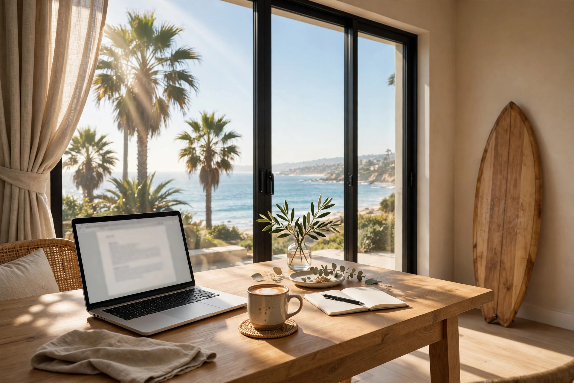 Bright coastal workspace with a laptop overlooking the ocean