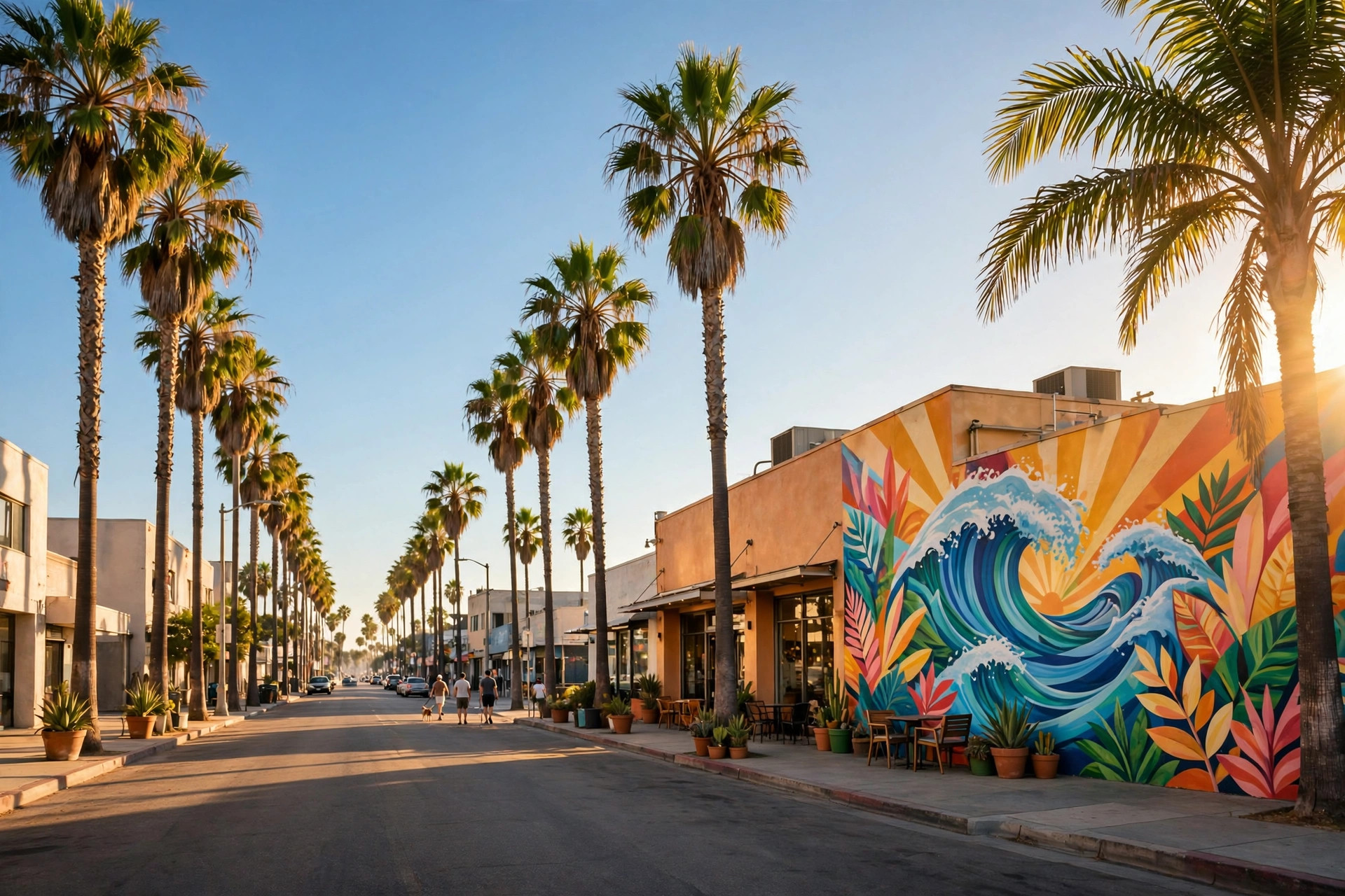 Sunlit palm-lined street in Venice Beach with a colorful mural